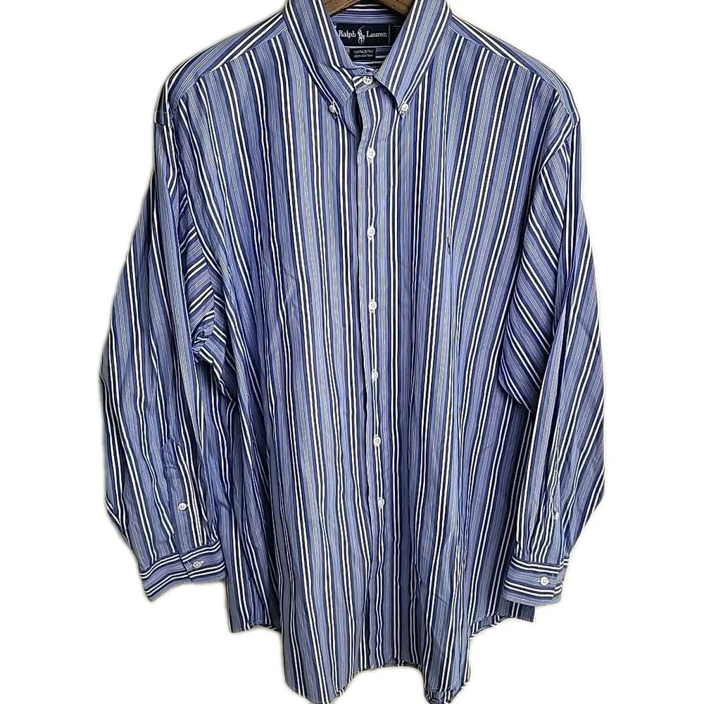 Polo Ralph Lauren Yarmouth Mens 17 1/2  34 Button Down Blue Stripes‎ Flesh Pony